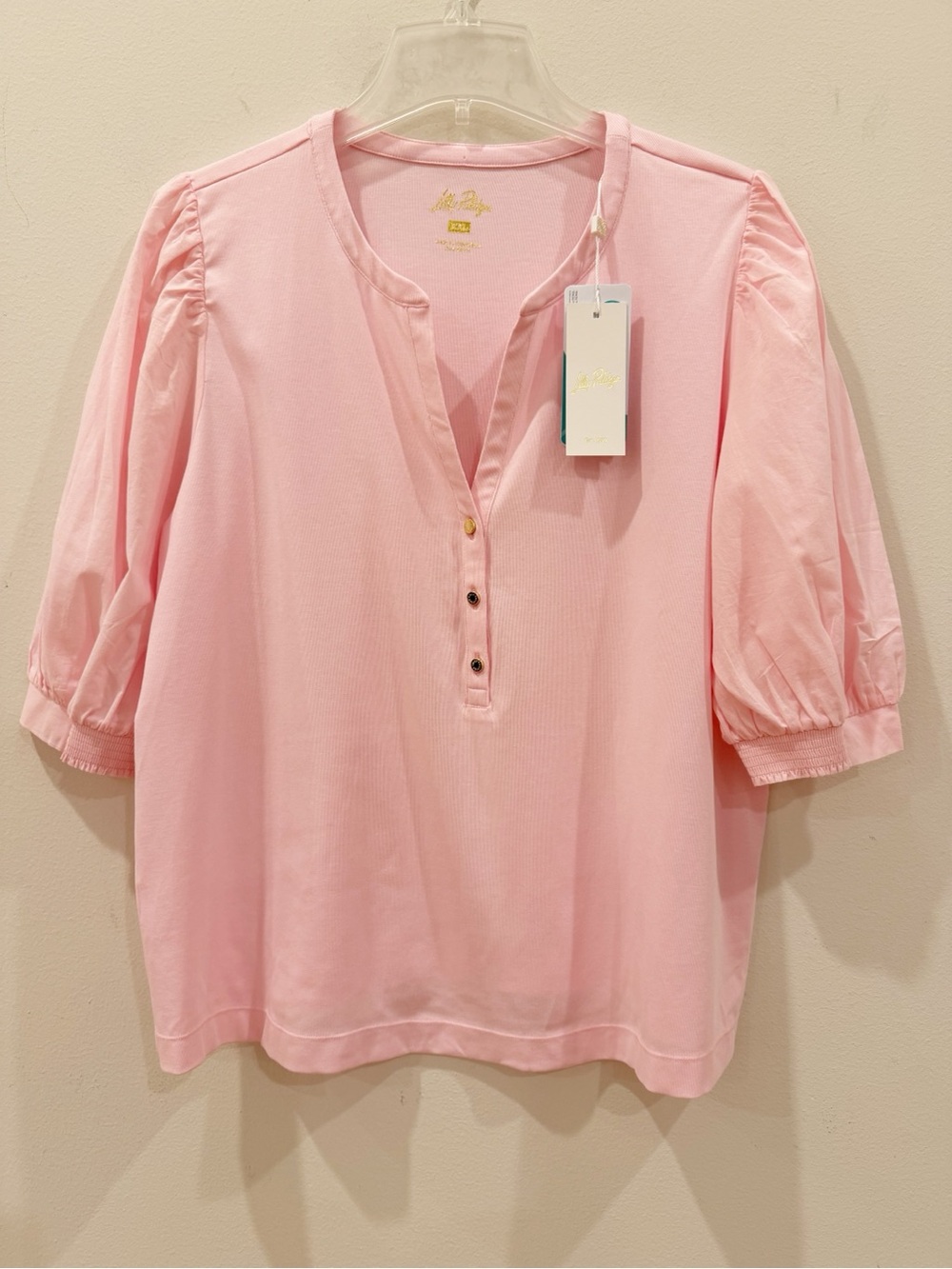 Lilly Pulitzer Ronson Knit Top XXL 2XL Pink Puff Sleeve Gold Buttons V Neck NEW